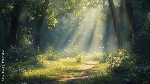 Enchanting Forest Trail Bathed in Soft Sunlight