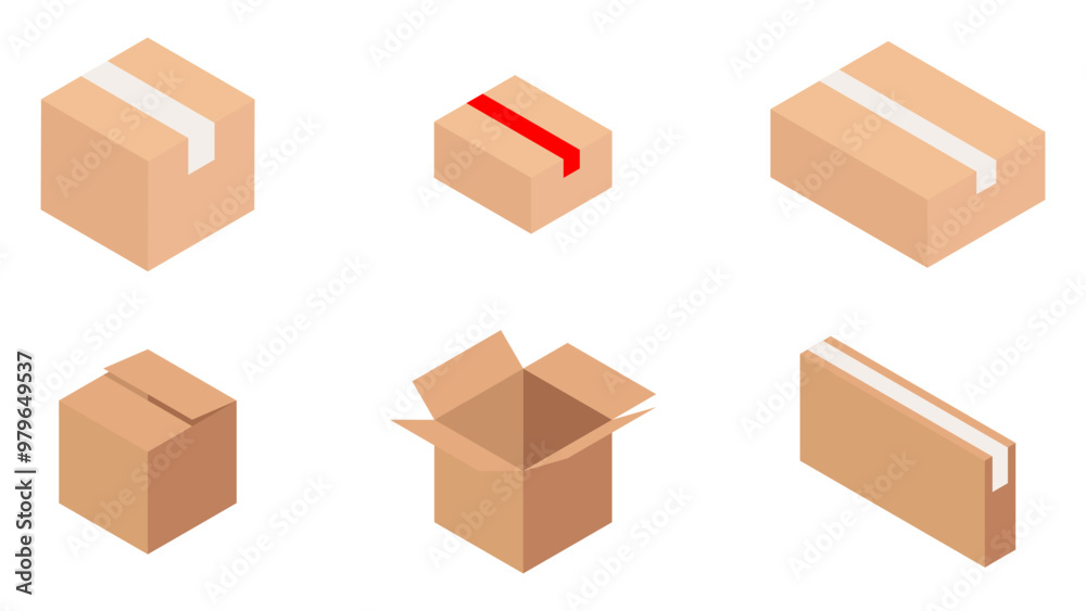 Set of isometric cardboard or shipping carton open and closed box isolated on white background Set of isometric cardboard or shipping carton open and closed box isolated on white background