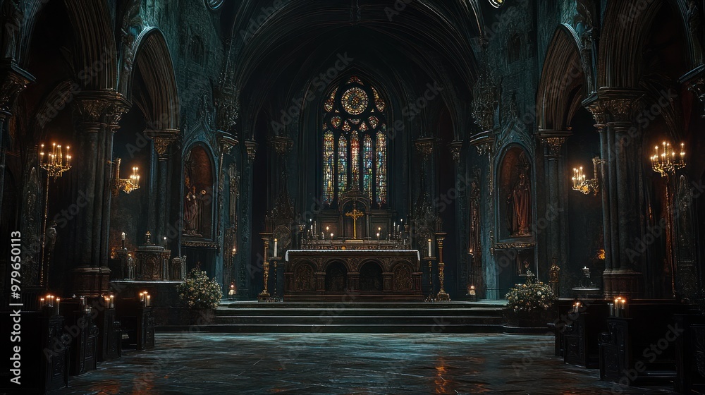 Dark and Eerie Interior of a Gothic Church with a Stained Glass Window Dark and Eerie Interior of a Gothic Church with a Stained Glass Window