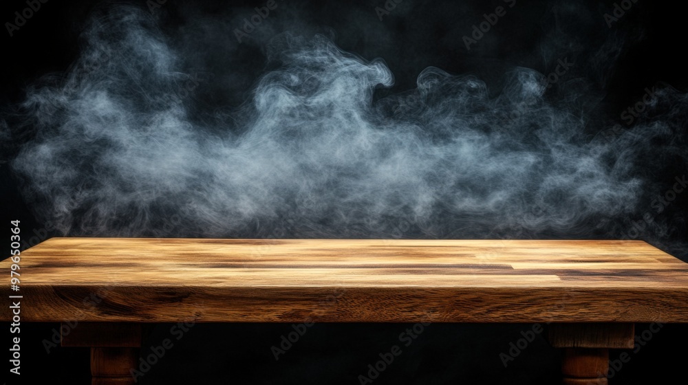 Wooden Table in Smoky Mist Background Wooden Table in Smoky Mist Background