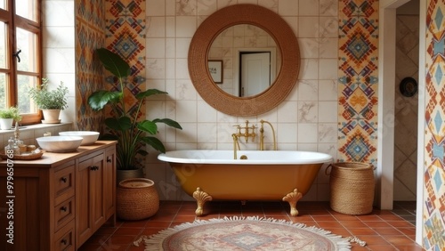 Generative AI, a bathroom with a tub, sink, mirror and a rug on the floor and a rug on the floor, finely detailed features, a flemish Baroque, arts and crafts movement
 photo