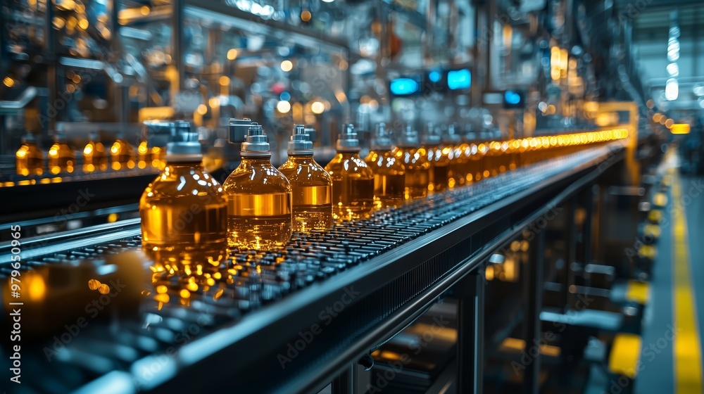 A row of glass bottles on a conveyor belt in a factory setting, illustrating manufacturing, production, and automation processes. A row of glass bottles on a conveyor belt in a factory setting, illustrating manufacturing, production, and automation processes.