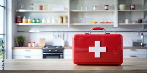 Red First Aid Kit on Kitchen Counter, First Aid, Medical Kit, Safety photo