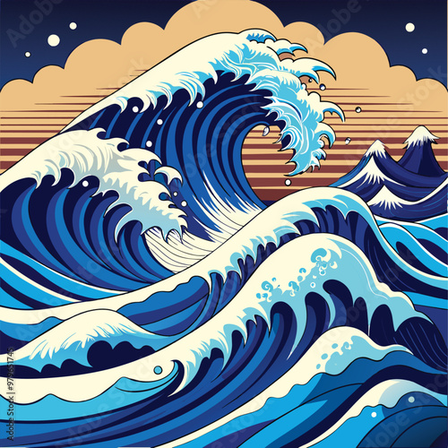 A Painting Of Ocean Waves With High Tides For Surfing illustration photo