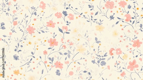 Seamless Floral Pattern in Liberty Style featuring Ditsy Romantic Vintage Ornaments with Small Bellflowers and Swirls in Soft Colors Adorable Motif suitable for Wallpaper Textiles Fabric and Appare photo