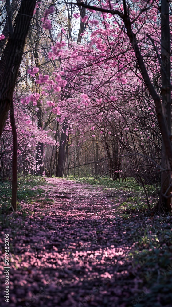 A pathway through a forest with blooming pink trees and pink petals on the ground. A pathway through a forest with blooming pink trees and pink petals on the ground.