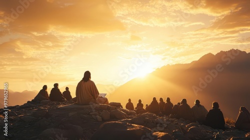 Jesus teaching from a mountaintop with followers gathered around, soft light illuminating the scene