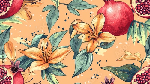 Seamless hand drawn illustration of pomegranates and tropical flowers with abstract lilies on a peach background suitable for textile printing menus and packaging photo