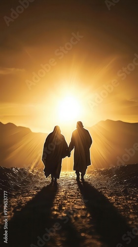 Jesus walking alongside a person struggling with heavy burdens, glowing light symbolizing support