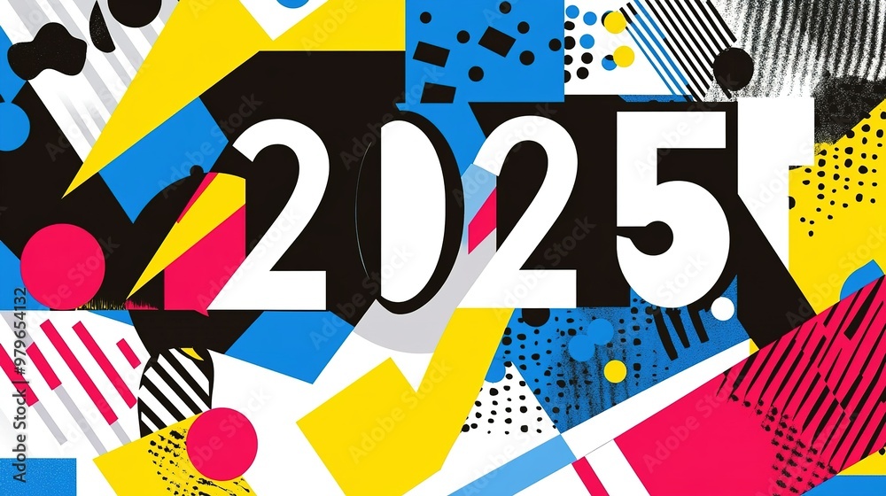 Obraz premium Colorful abstract design featuring bold numbers 2025 with vibrant shapes and patterns, creating a lively atmosphere that signifies celebration