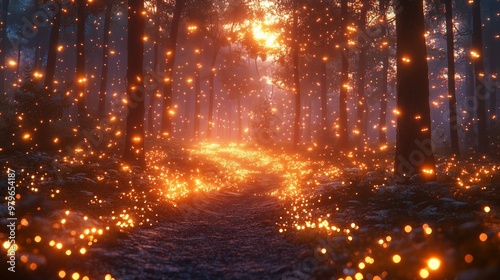 A magical forest path is illuminated by glowing fireflies, creating a dreamlike, sparkling atmosphere during dusk in nature.