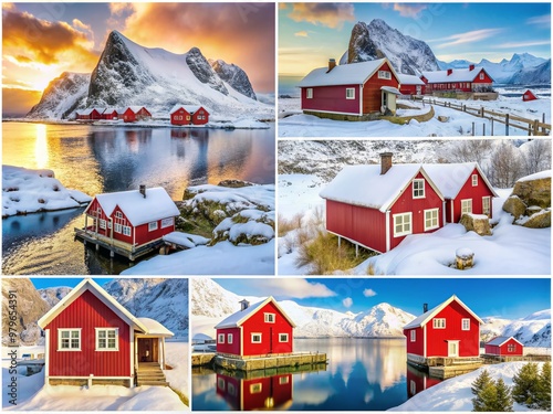 Vibrant collage of eight frames showcasing traditional Norwegian red wooden houses blanketed in fresh snow, capturing winter's serenity on Lofoten islands, Vestvagoy, Norway. photo