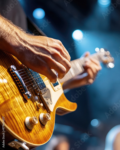 A musician playing guitar on stage, showcasing skill and passion under vibrant stage lights. intricate details of guitar highlight its craftsmanship and energy of performance photo