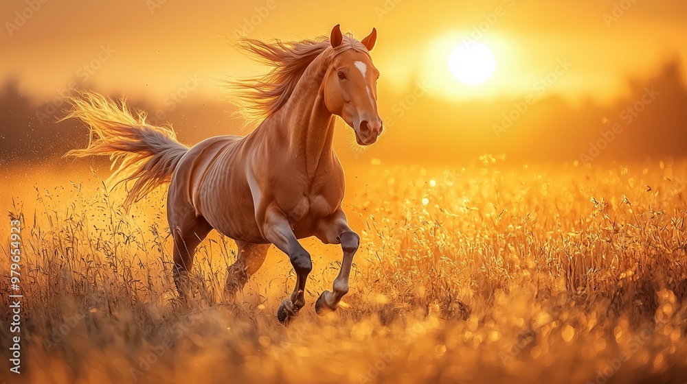 A majestic horse gallops through a glowing golden field at sunset, with its mane flowing in the wind and the sun setting in the background. A majestic horse gallops through a glowing golden field at sunset, with its mane flowing in the wind and the sun setting in the background.