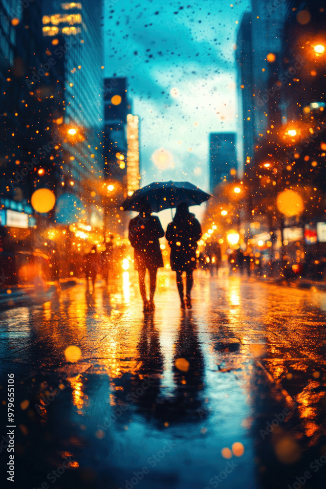 Obraz premium A group of friends walking through the city, enjoying the urban atmosphere and bright lights.