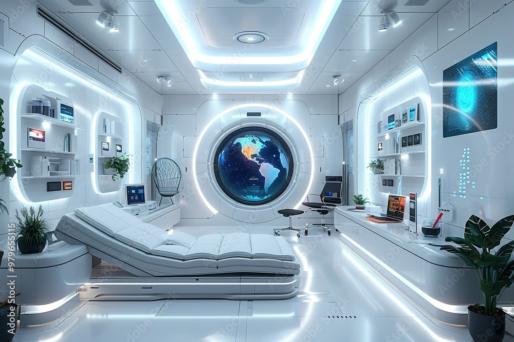 A futuristic room with a large globe in the center