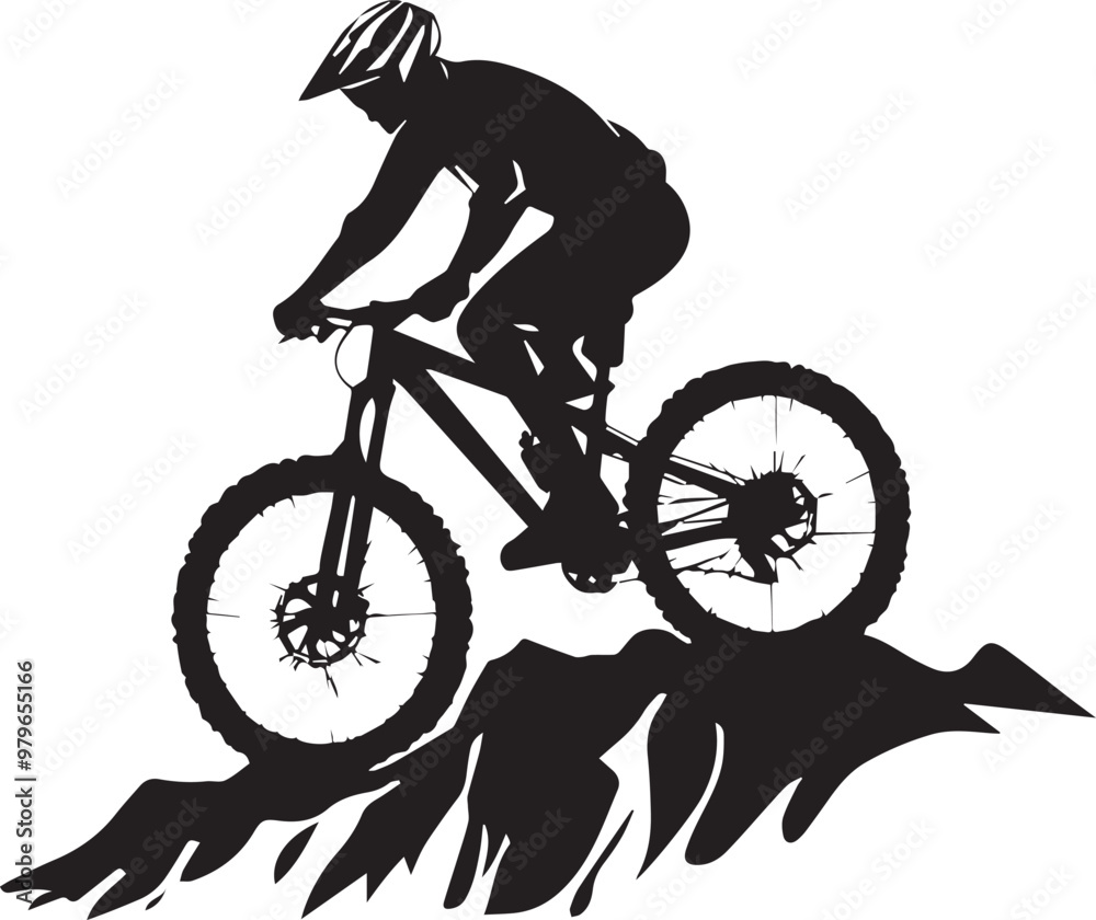 Fototapeta premium Mountain biker navigating rugged silhouette on white background