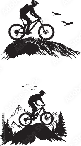Mountain biker navigating rugged silhouette on white background