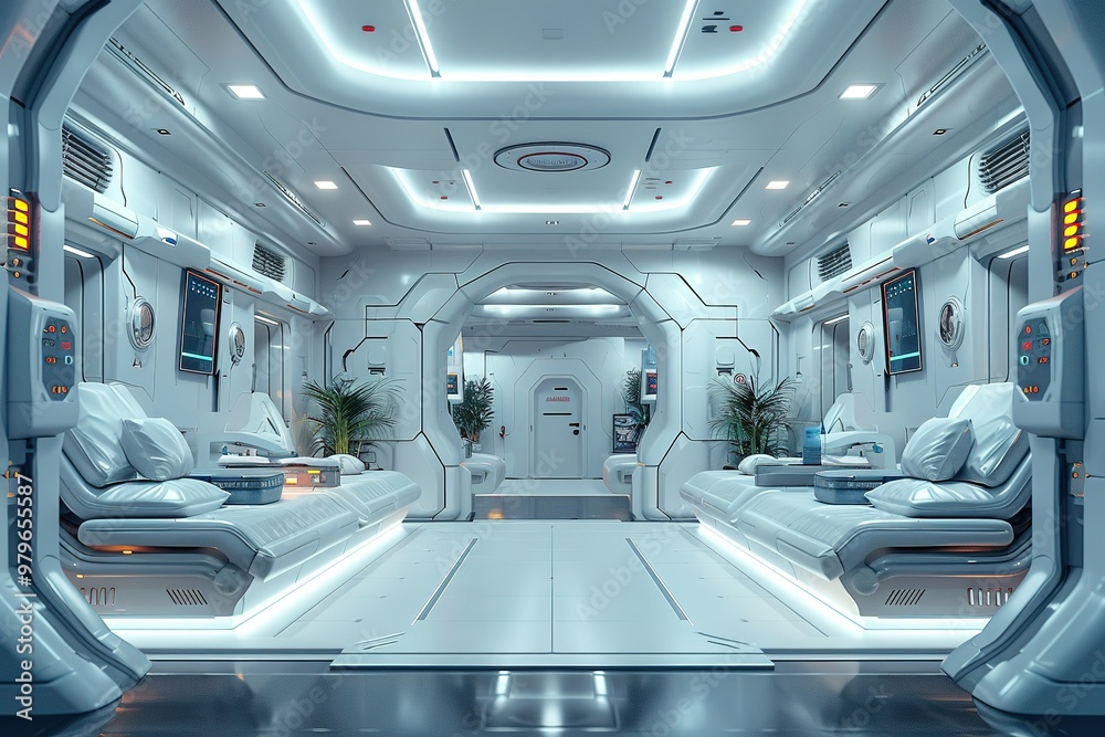 A futuristic space station with white walls and white beds A futuristic space station with white walls and white beds