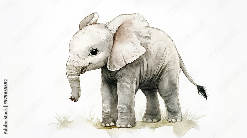 Fototapeta premium Baby elephant standing in the savannah watercolor painting