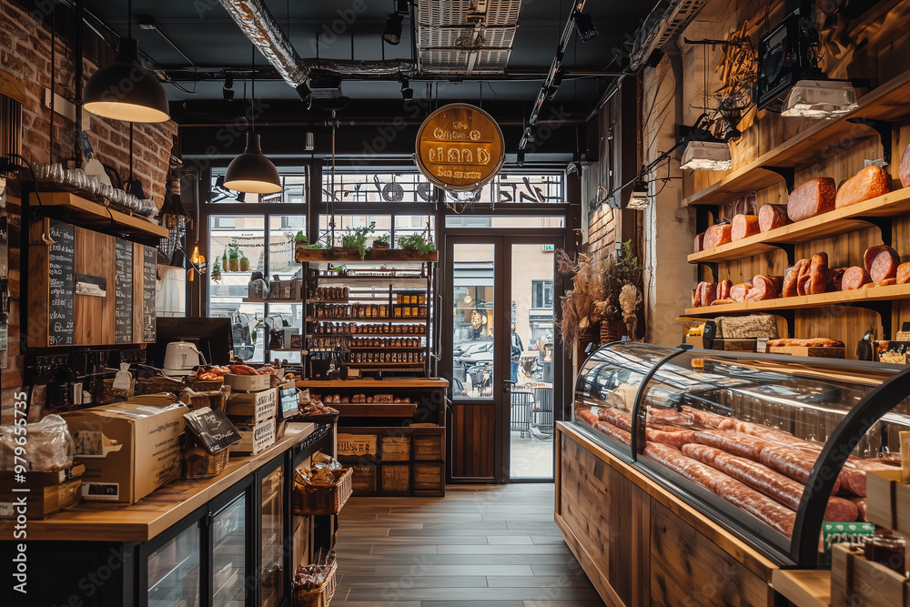 Interior design of butcher shop with glass cabinet of meat and sausage, Meat shop with loft interior design.