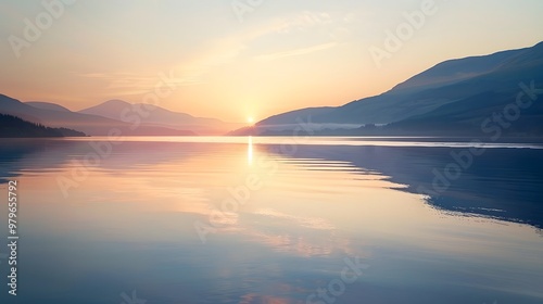 Sunrise over a calm lake with mountains in the distance, soft sunlight reflecting off the water and creating a serene ambiance.