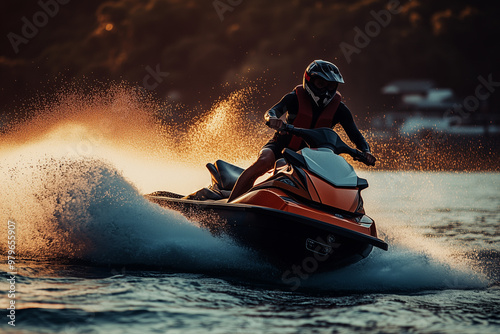 Selective focus man riding jet ski on the river with water splash, Portrait of jet ski athlete with life jacket photo