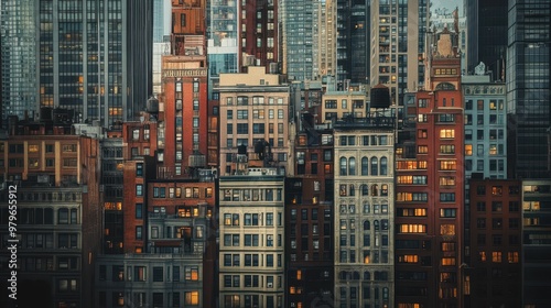 Vibrant Cityscape with Towering Buildings and Glowing Windows