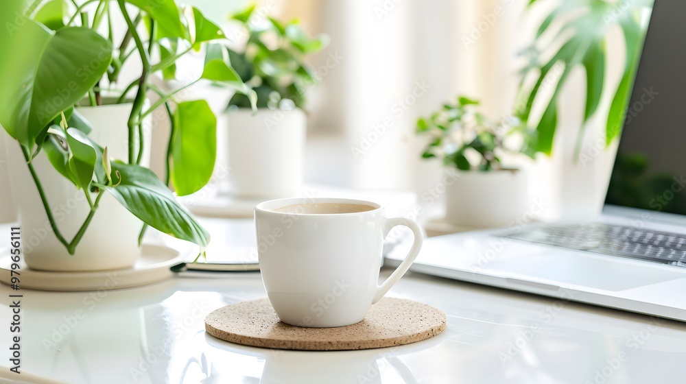 Modern home office setup featuring a slim laptop, coffee in a stylish cup, and a small green plant, with natural light streaming in Modern home office setup featuring a slim laptop, coffee in a stylish cup, and a small green plant, with natural light streaming in