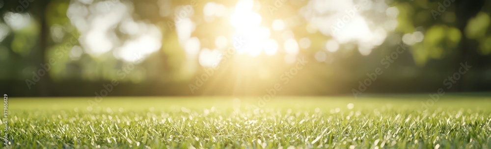 Fototapeta premium Sunny day with green grass and blurry background.