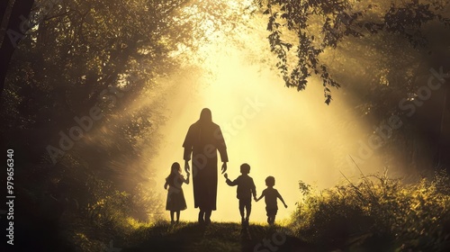 Jesus walking with children through a forest path, light filtering through the trees, symbolizing guidance