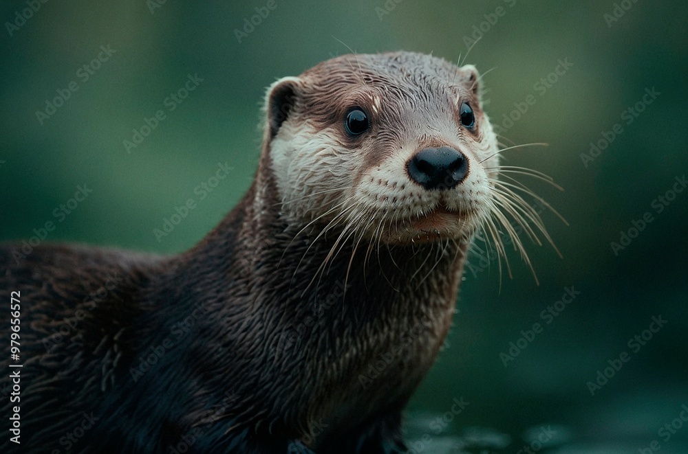 Obraz premium Stunning close-up photo portrait of a cute otter isolated on green background looking straight in the camera. Beautiful wildlife animal nature photography illustration.