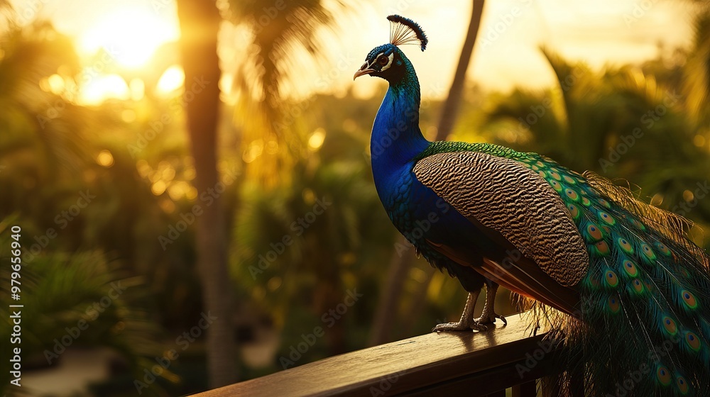 A peacock perched on a railing at sunset, showcasing its vibrant plumage. A peacock perched on a railing at sunset, showcasing its vibrant plumage.