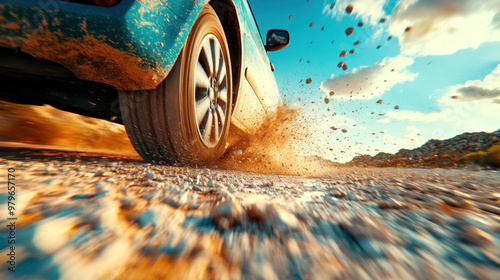 A summer road trip across the desert, the car kicking up dust as it speeds toward the horizon. photo