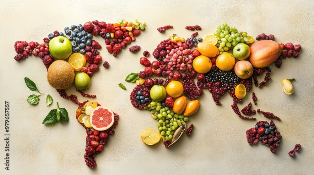 A vibrant world map composed of an arrangement of various fruits on a simple background, symbolizing global flavors. A vibrant world map composed of an arrangement of various fruits on a simple background, symbolizing global flavors.