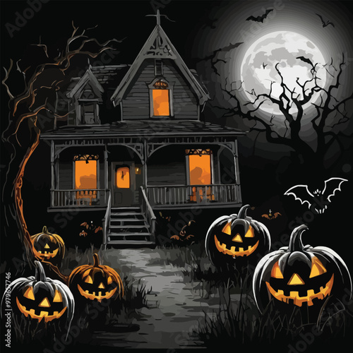 Halloween best hunted house graphic with  mid night forest horror illustration