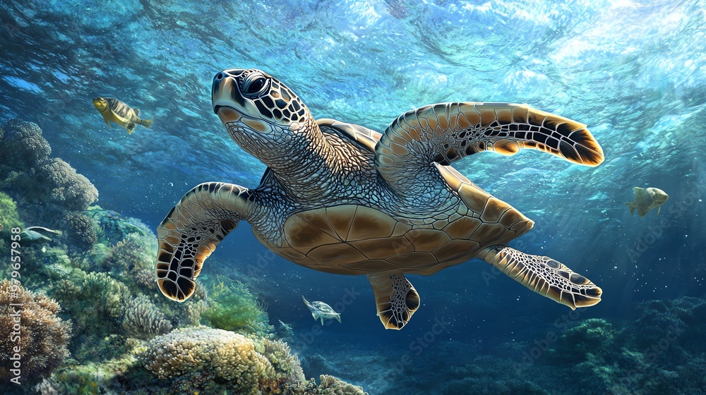 Obraz premium A graceful sea turtle swimming through vibrant coral reefs, showcasing the beauty of marine life in a crystal-clear ocean.