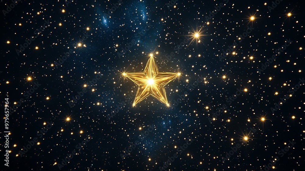 A glowing golden star shines brightly against a dark, starry background, evoking a sense of wonder and cosmic beauty. A glowing golden star shines brightly against a dark, starry background, evoking a sense of wonder and cosmic beauty.