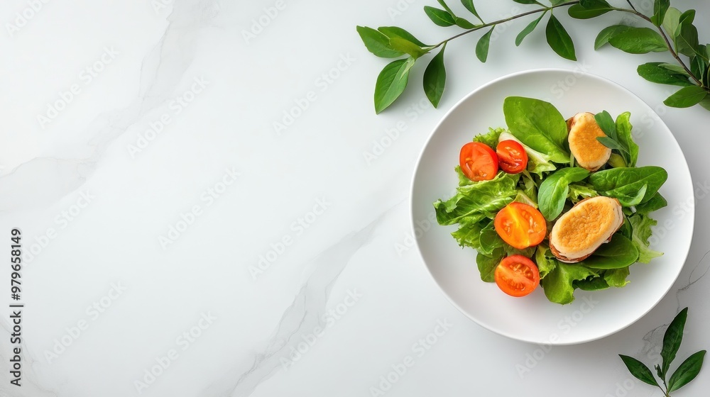 A plate of food with a leafy green salad and tomatoes. A plate of food with a leafy green salad and tomatoes.