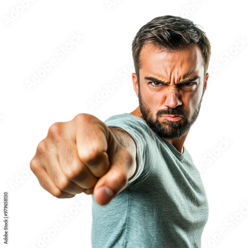 A man with one hand clenched into a fist, the other pointing accusingly, with a look of anger and resentment isolated on transparency background