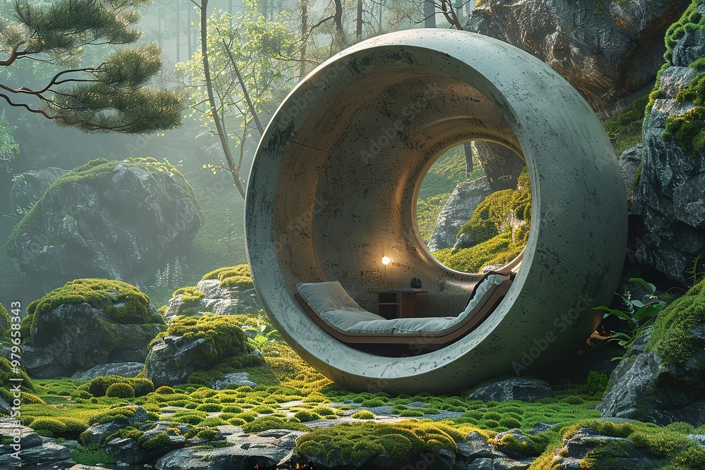 A large, round structure made of concrete and moss sits in a forest A large, round structure made of concrete and moss sits in a forest