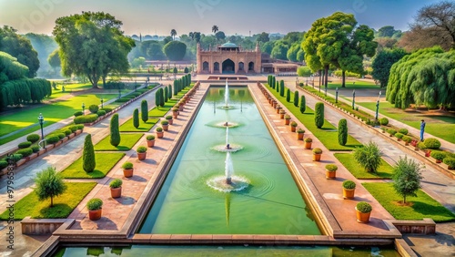 Vibrant fountains and walkways amidst lush greenery and intricate marble work adorn the stunning interior of the historic Shalamar Gardens in Lahore, Pakistan. photo