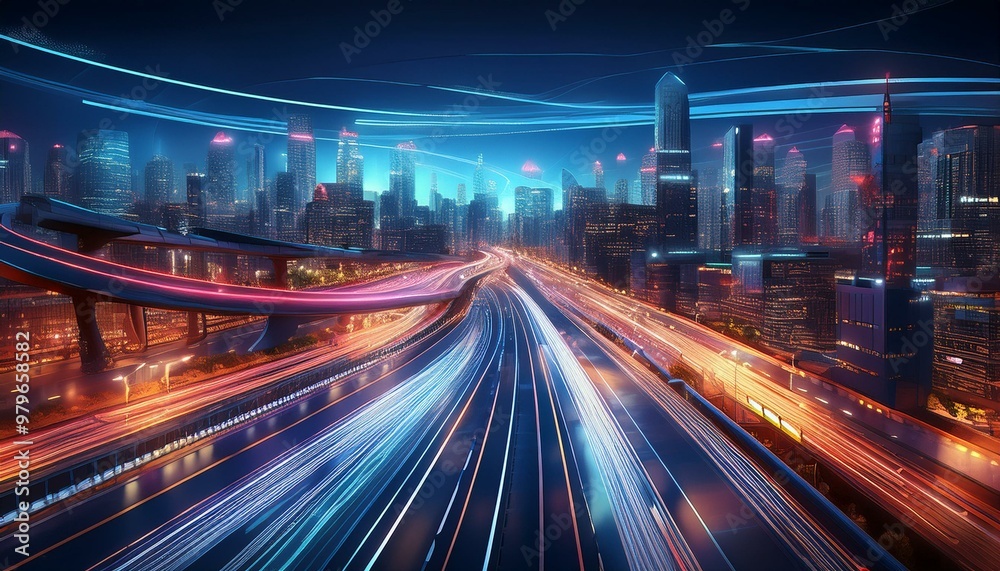 Nighttime cityscape with bustling traffic and illuminated highways in an urban setting Nighttime cityscape with bustling traffic and illuminated highways in an urban setting