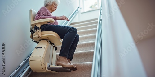 A woman in a pink sweater is sitting in a stair lift. The stair lift is white and has a black handle