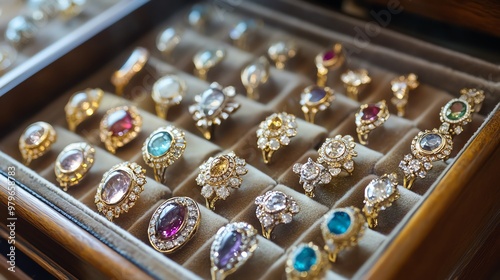 A luxurious collection of rings displayed in an elegant jewelry box, showcasing intricate designs and vibrant gemstones.