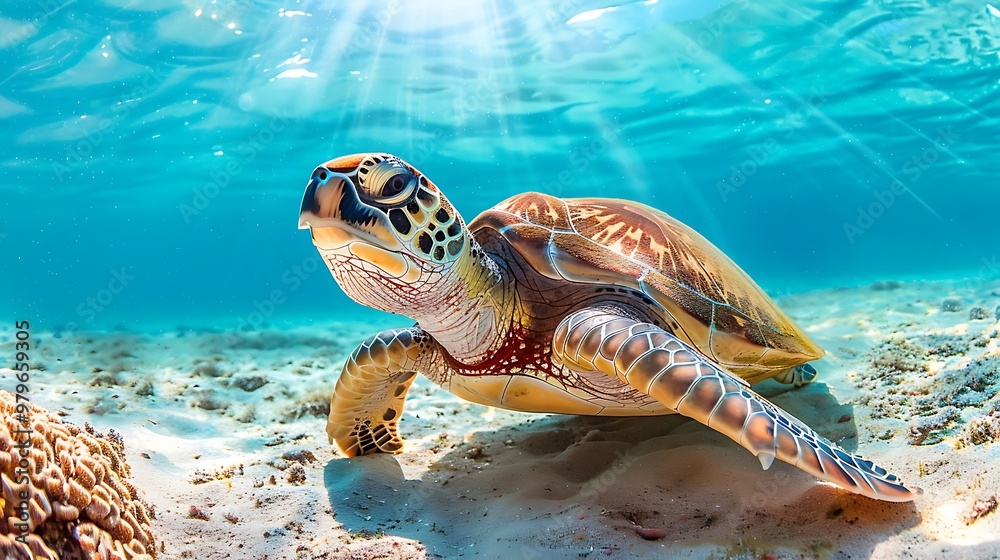 Fototapeta premium A gorgeous marine turtle moving across the seafloor with charm
