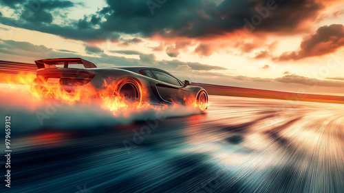 A sports car drives on a racing track, burning tires emit puffs of smoke and flames on the asphalt of a racing circuit