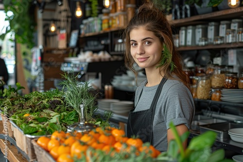 A woman stands behind a counter with a variety of fruits and vegetables