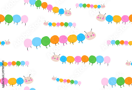 Cute Colorful Caterpillar. Lovely Hand Drawn Seamless Vector Pattern with Funny Colorful Bug on a White Background. Simple Endless Nursery Pattern with Happy Worm Made of Multicolor Dots. 