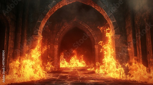 A dark corridor engulfed in flames, creating an intense and dramatic atmosphere.